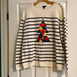 Talbots Cream/Navy Striped Christmas Tree Sweater Size XL, 30% Lambswool, EUC